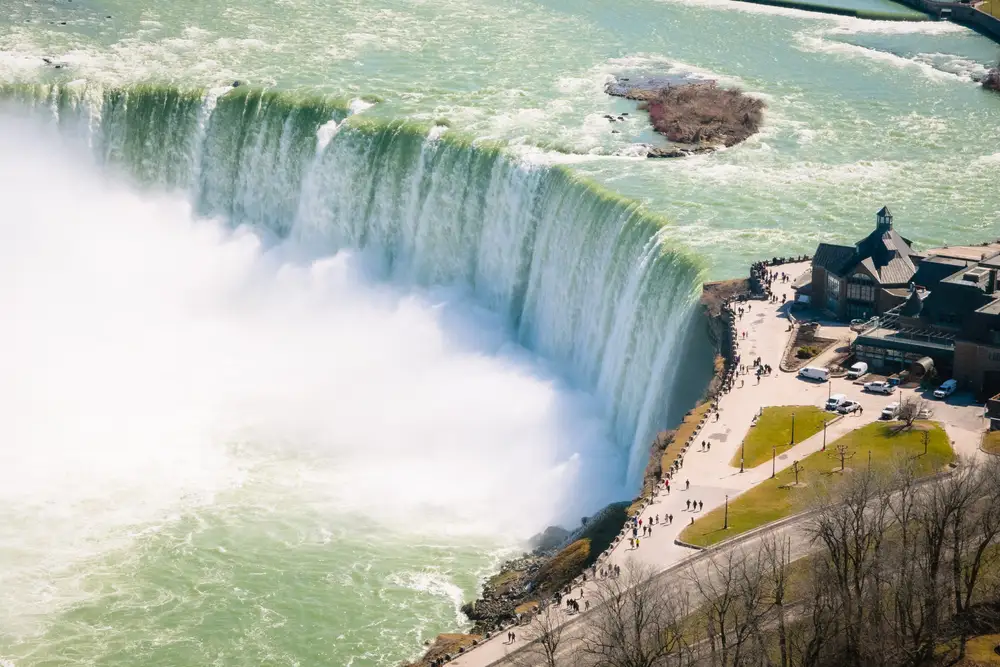 Wide view of Niagara Falls from Table Rock Centre showing the powerful Horseshoe Falls