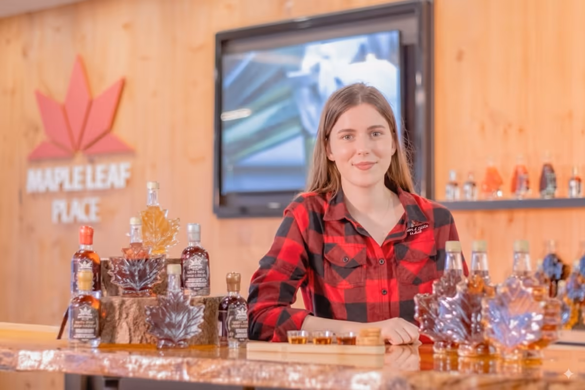 Guide presenting maple syrup tasting at Maple Leaf Place in Niagara Falls