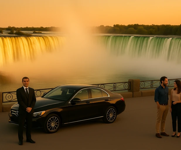 Intimate private tour experience at Niagara Falls during dusk, with the falls illuminated and a peaceful atmosphere perfect for exclusive guided tours
