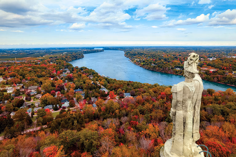 Panoramic hill-top view of Niagara River gorge and surrounding autumn landscape from Queenston Heights